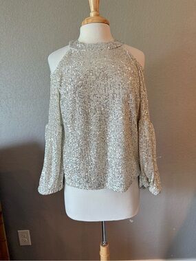CeCe Sequin Cold Shoulder Balloon Sleeve Party Top Ivory M